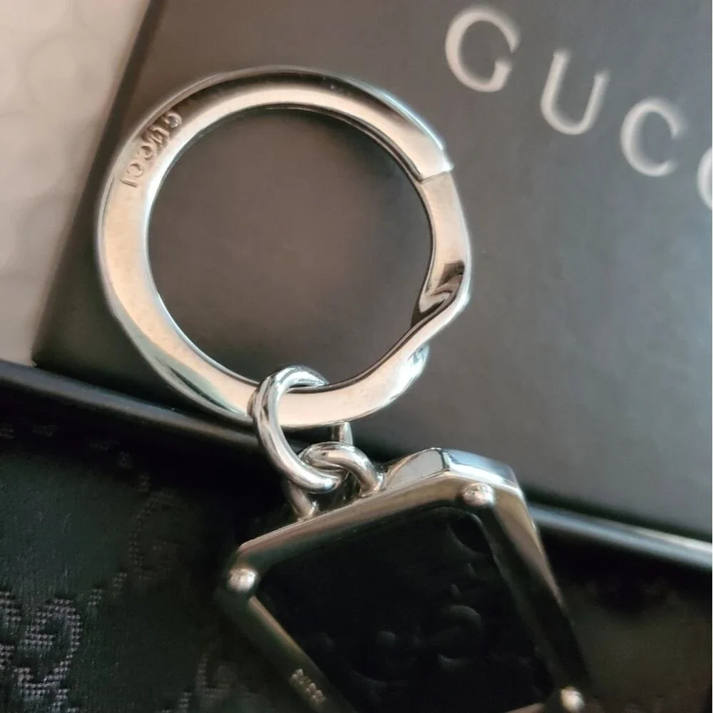 GUCCI Key Ring Shima Dark Brown Leather & Silver Metal Men's Keychain Bag Charm